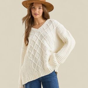 Altar'd State Luca Knit Chantilly V-Neck Chunky Oversized Sweater‎ Women's Large